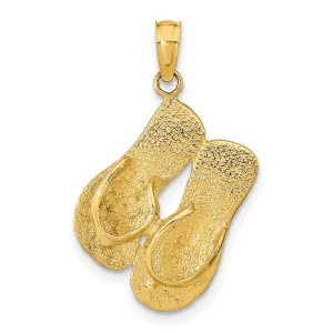 14K Yellow Gold Polished Textured Finish 3-Dimensional KEY WEST Banner Reversible Flip Flop Sandle Charm Pendant