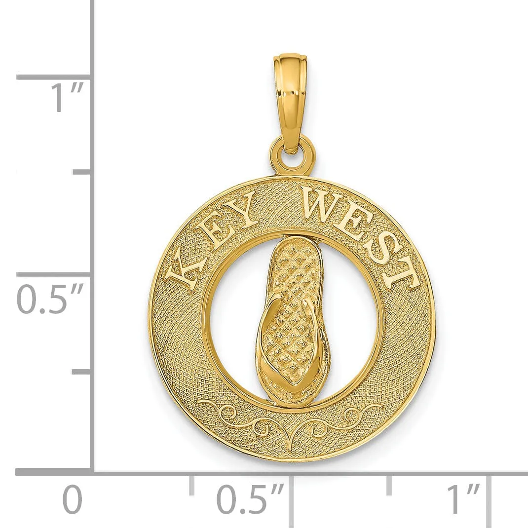 14K Yellow Gold Polished Textured Finish KEY WEST with Flip-Flop Sandle in Circle Design Charm Pendant