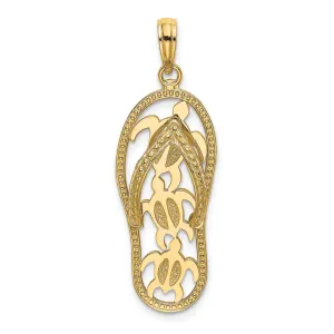 14K Yellow Gold Solid Polished Textured Finish Triple Sea Turtles Design Flip-Flop Beach Sandle Charm Pendant