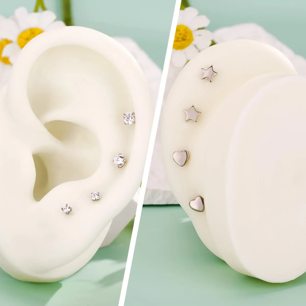 16G Titanium Threadless Prong CZ Star Heart Flat Back Cartilage Stud Mantis Piercing Stud