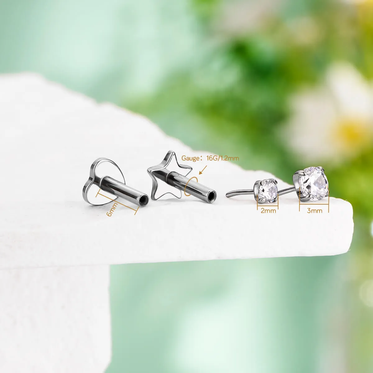 16G Titanium Threadless Prong CZ Star Heart Flat Back Cartilage Stud Mantis Piercing Stud