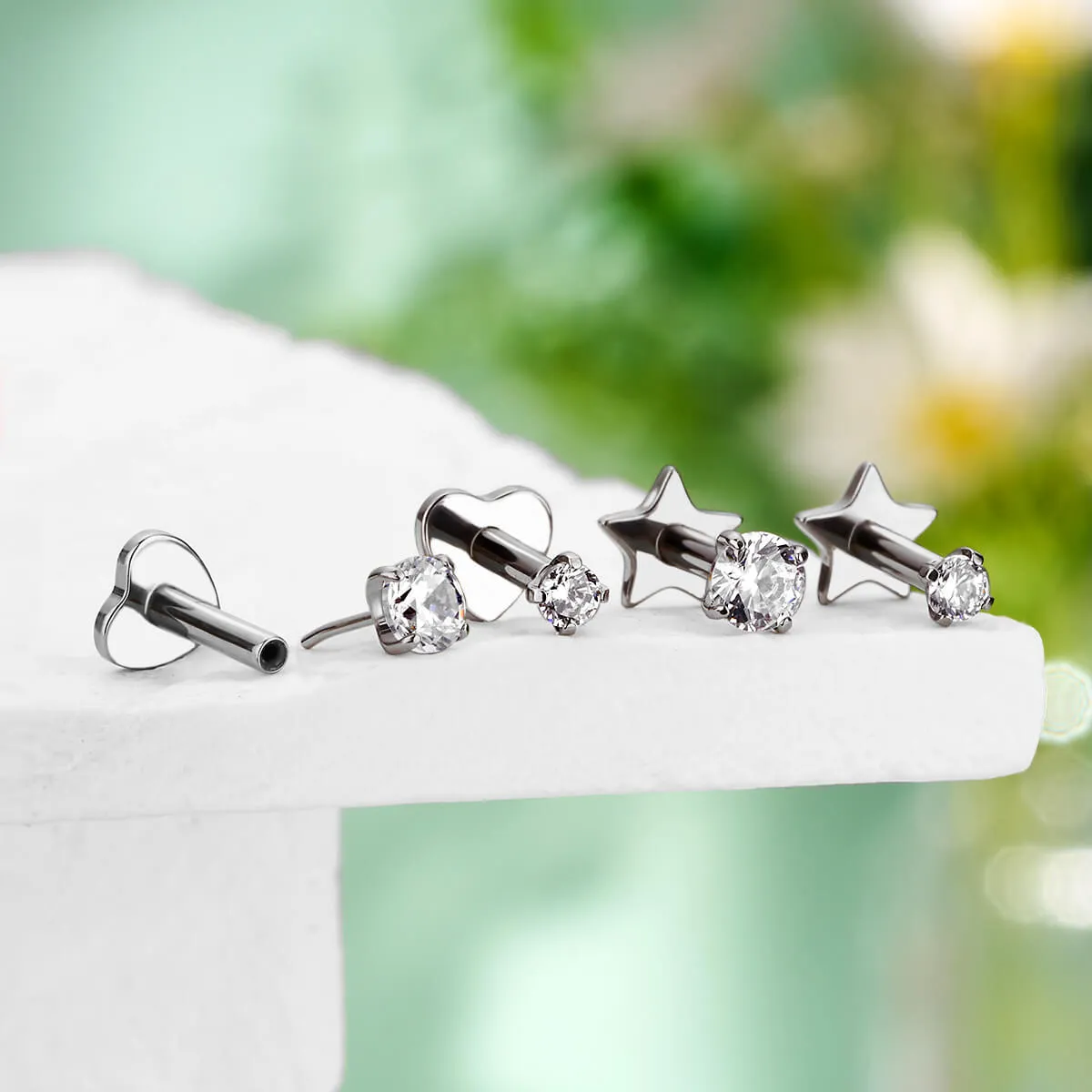 16G Titanium Threadless Prong CZ Star Heart Flat Back Cartilage Stud Mantis Piercing Stud