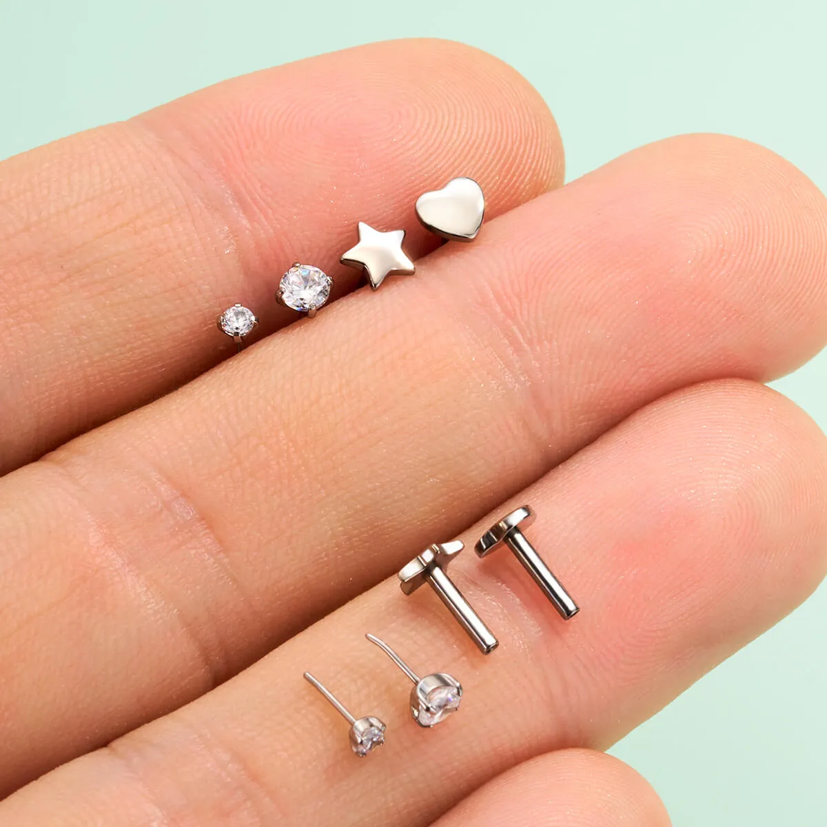 16G Titanium Threadless Prong CZ Star Heart Flat Back Cartilage Stud Mantis Piercing Stud