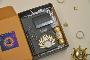 2024 Diwali Combo 2.0 (Classy Metal Flip Card Cover Diary   Classy Metal Keychain   Pen   Classy Steel Cardholder   Ferrero Rocher   Diya) - Black