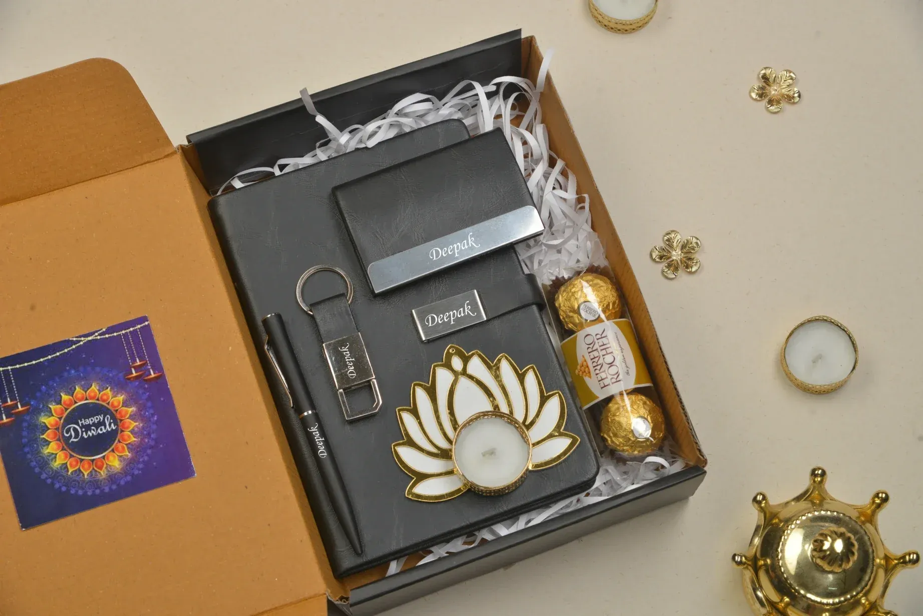 2024 Diwali Combo 2.0 (Classy Metal Flip Card Cover Diary   Classy Metal Keychain   Pen   Classy Steel Cardholder   Ferrero Rocher   Diya) - Black