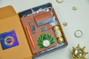 2024 Diwali Combo 2.0 (Classy Metal Flip Card Cover Diary   Classy Metal Keychain   Pen   Classy Steel Cardholder   Ferrero Rocher   Diya) - Brown