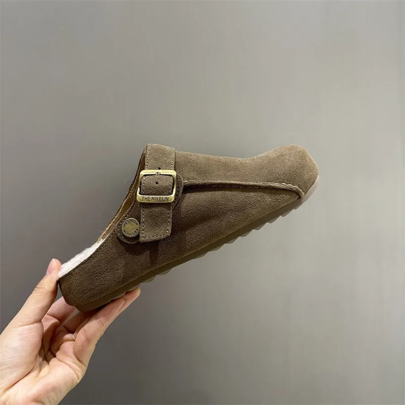 2025  popular winter new Birkenstock slippers women's versatile fashion bag head matte and velvet warm outer half slippers