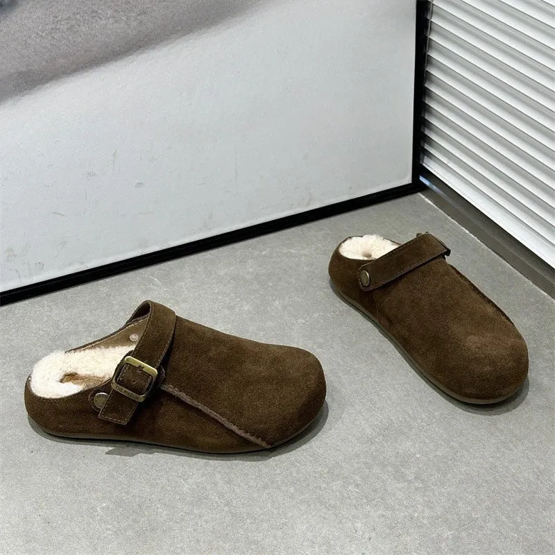 2025  popular winter new Birkenstock slippers women's versatile fashion bag head matte and velvet warm outer half slippers