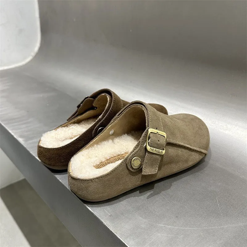 2025  popular winter new Birkenstock slippers women's versatile fashion bag head matte and velvet warm outer half slippers