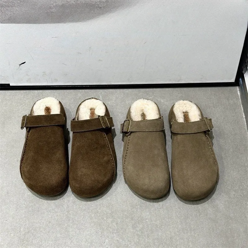 2025  popular winter new Birkenstock slippers women's versatile fashion bag head matte and velvet warm outer half slippers
