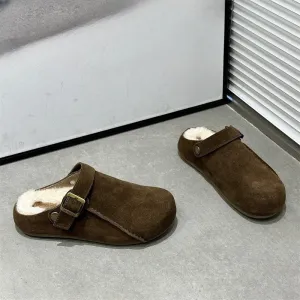 2025  popular winter new Birkenstock slippers women's versatile fashion bag head matte and velvet warm outer half slippers