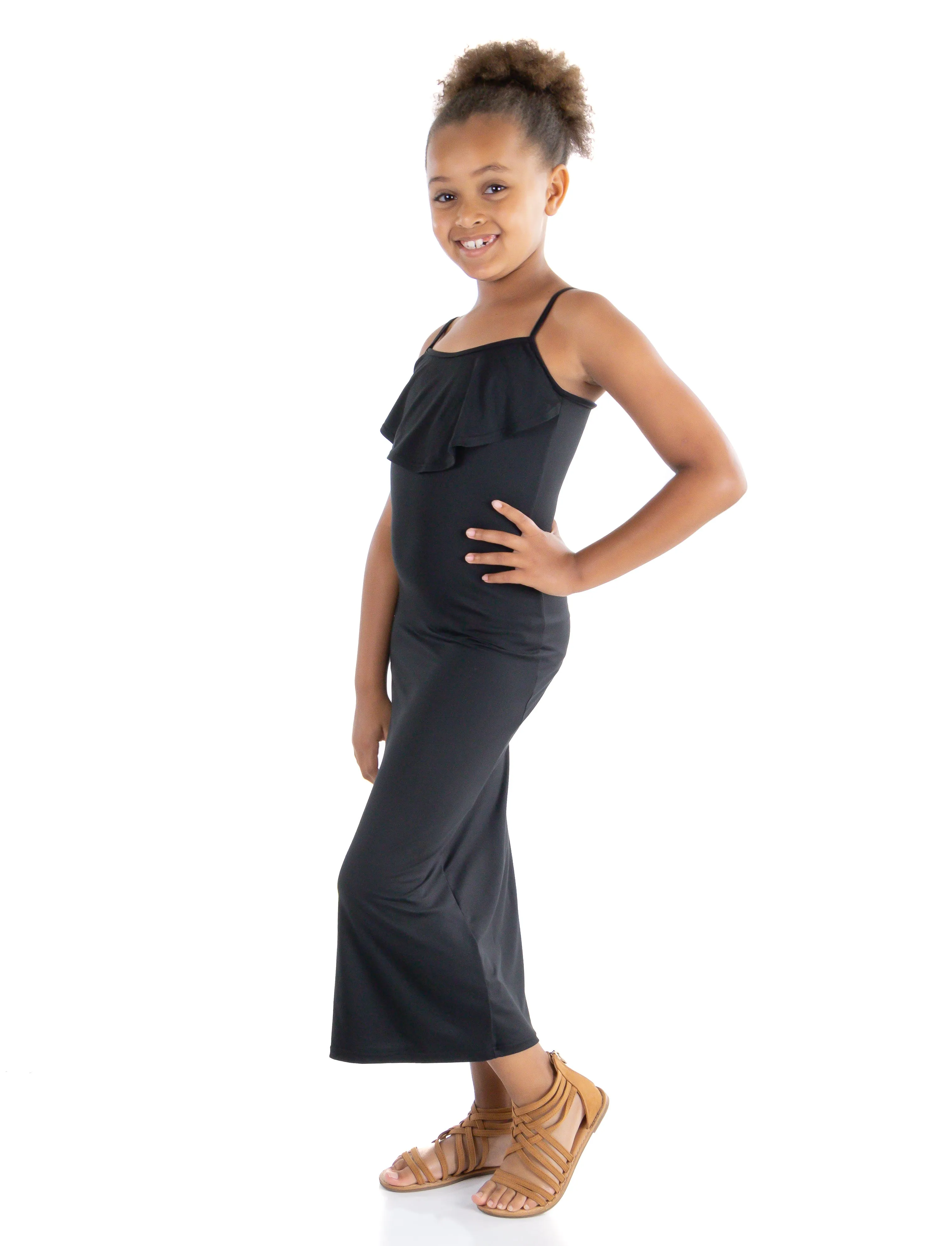 24seven Comfort Apparel Ruffle Spaghetti Strap Girls Maxi Dress