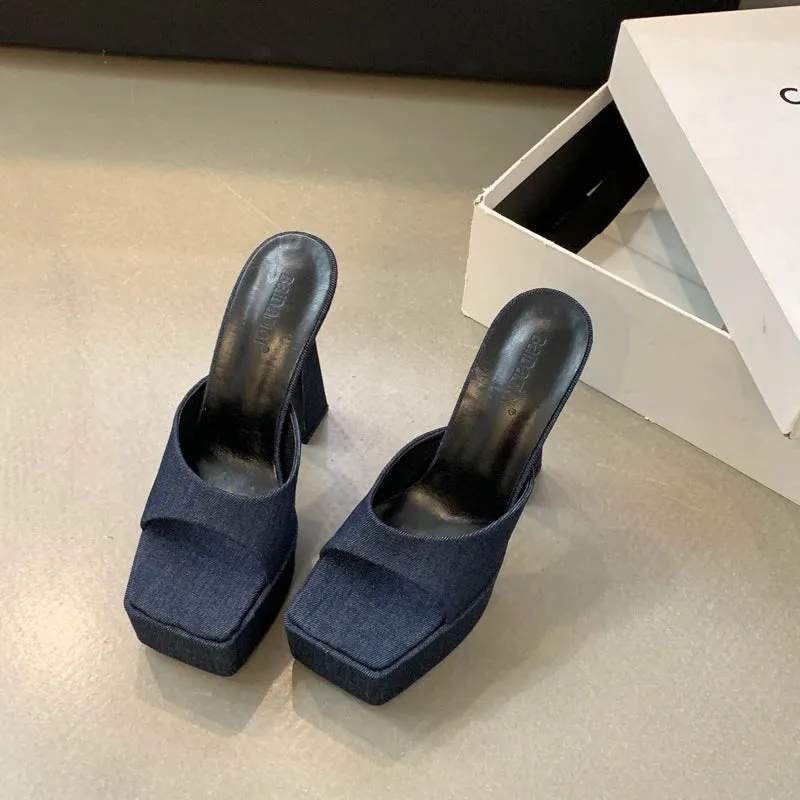 ADVBRIDGE  -  Blue Slippers 13cm Heeled Sandals Black Platform High Heels Summer Shoes Women  Ladies Chunky Slippers Fashion Sandalias Mujer