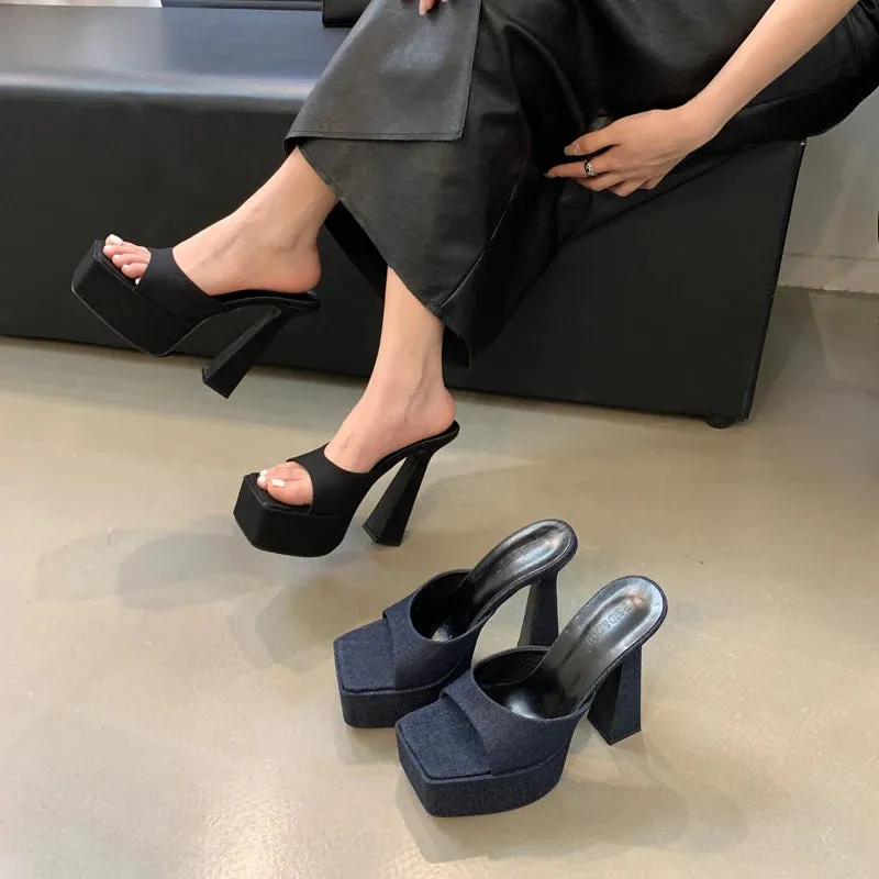 ADVBRIDGE  -  Blue Slippers 13cm Heeled Sandals Black Platform High Heels Summer Shoes Women  Ladies Chunky Slippers Fashion Sandalias Mujer