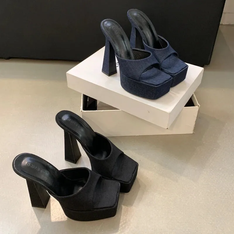 ADVBRIDGE  -  Blue Slippers 13cm Heeled Sandals Black Platform High Heels Summer Shoes Women  Ladies Chunky Slippers Fashion Sandalias Mujer