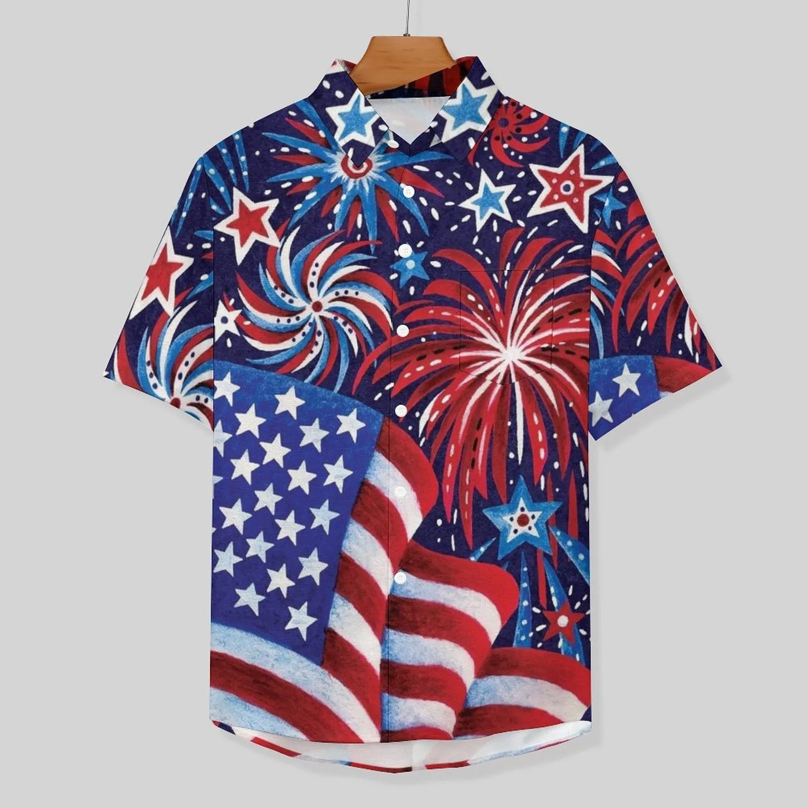 American Flag Chest Pocket Short Sleeve Cotton Linen Lounge Shirt 2306101234