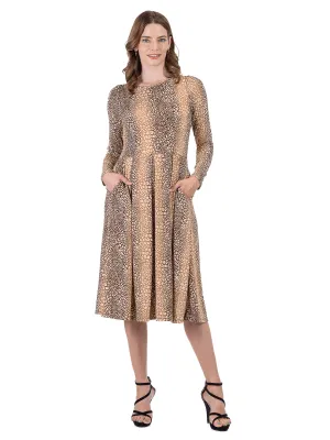 Animal Print Long Sleeve Pleated Midi Dress with Pockets