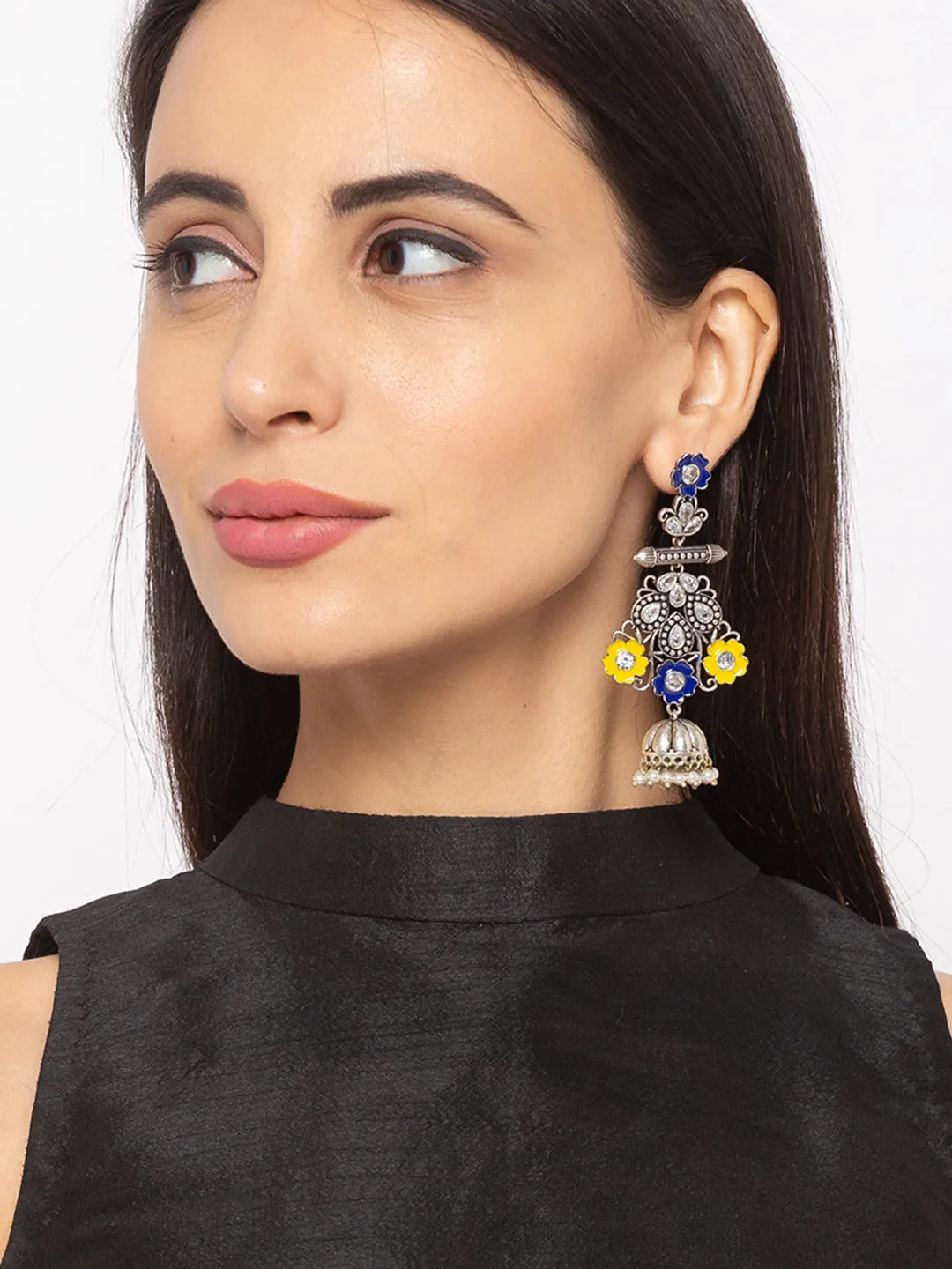 Antique German Silver Oxidized Earrings Floral Design Engraved Stone Studded Pearl Dangler Jhumka