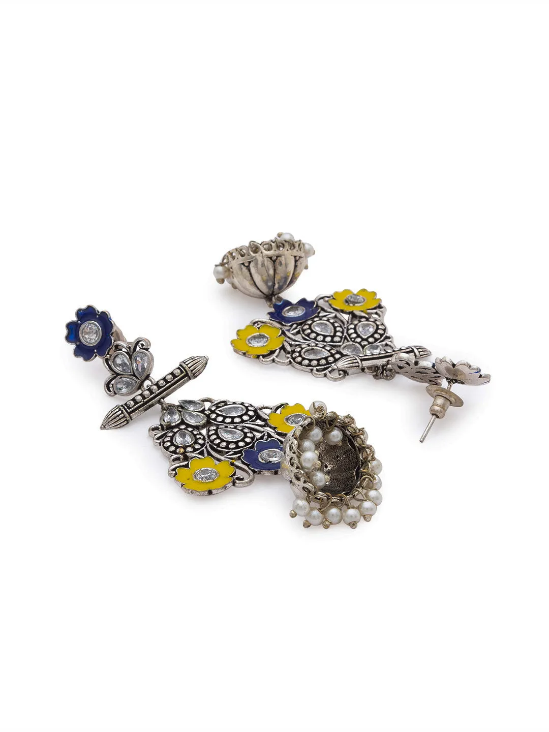 Antique German Silver Oxidized Earrings Floral Design Engraved Stone Studded Pearl Dangler Jhumka