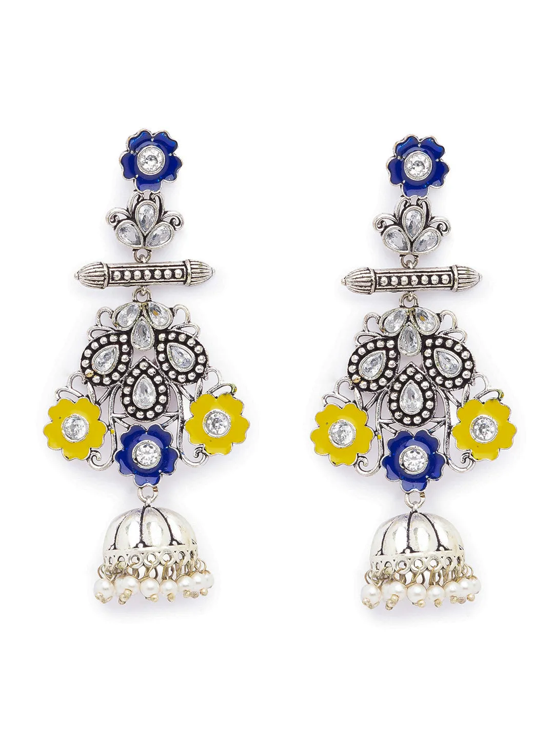 Antique German Silver Oxidized Earrings Floral Design Engraved Stone Studded Pearl Dangler Jhumka