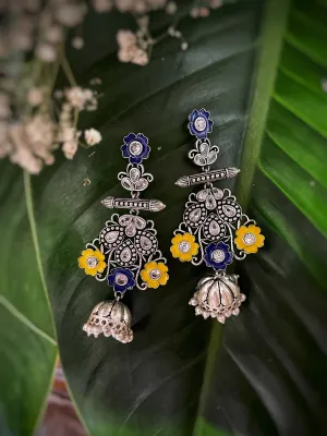 Antique German Silver Oxidized Earrings Floral Design Engraved Stone Studded Pearl Dangler Jhumka