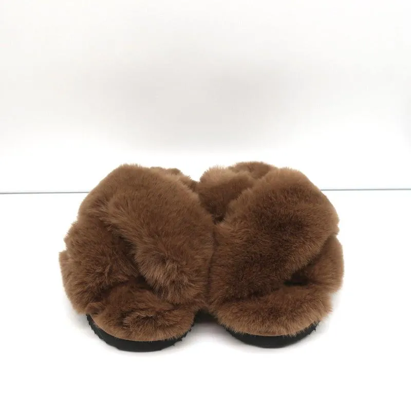Apparis Biba Faux Fur Slippers Brown Size 7 Slide Sandals NEW