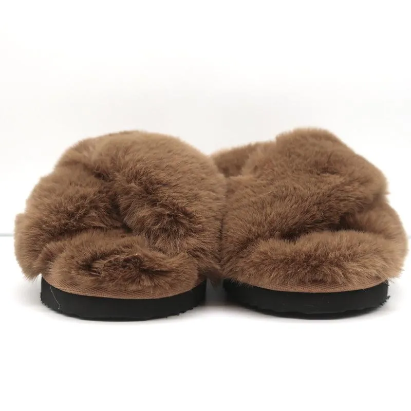 Apparis Biba Faux Fur Slippers Brown Size 7 Slide Sandals NEW