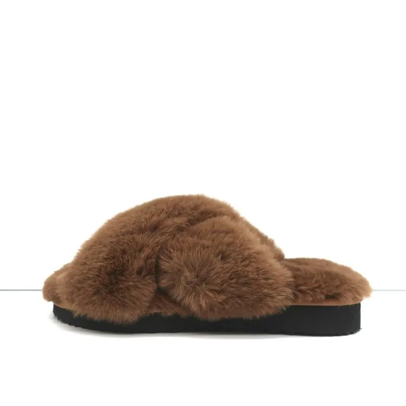 Apparis Biba Faux Fur Slippers Brown Size 7 Slide Sandals NEW