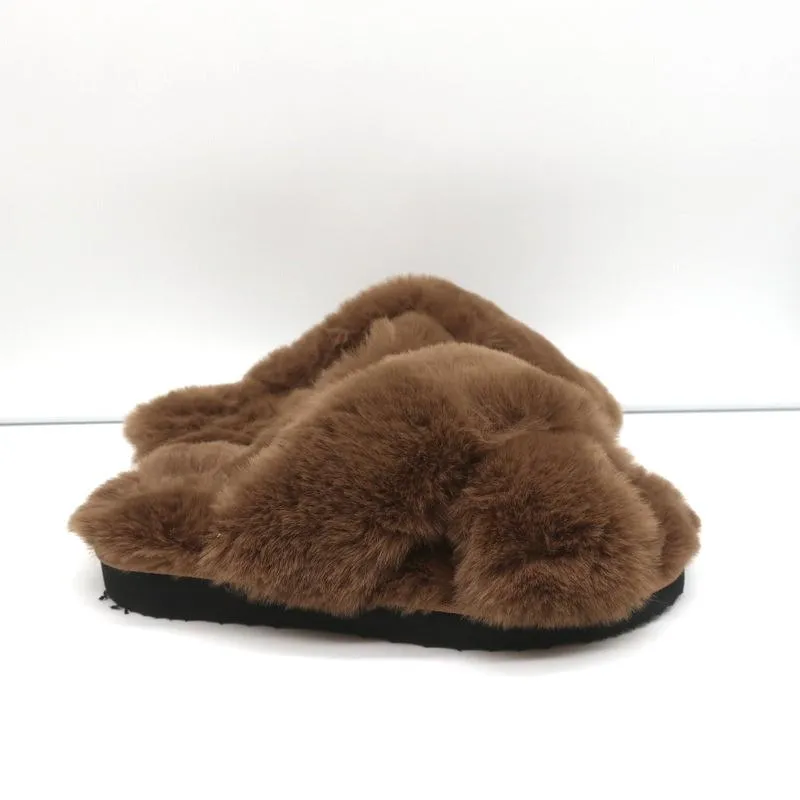 Apparis Biba Faux Fur Slippers Brown Size 7 Slide Sandals NEW