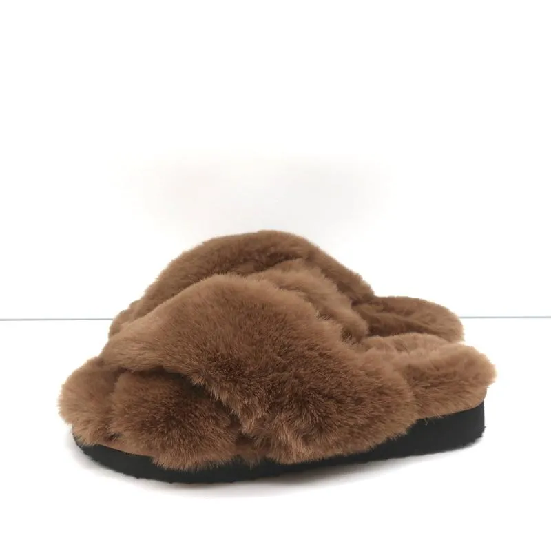 Apparis Biba Faux Fur Slippers Brown Size 7 Slide Sandals NEW