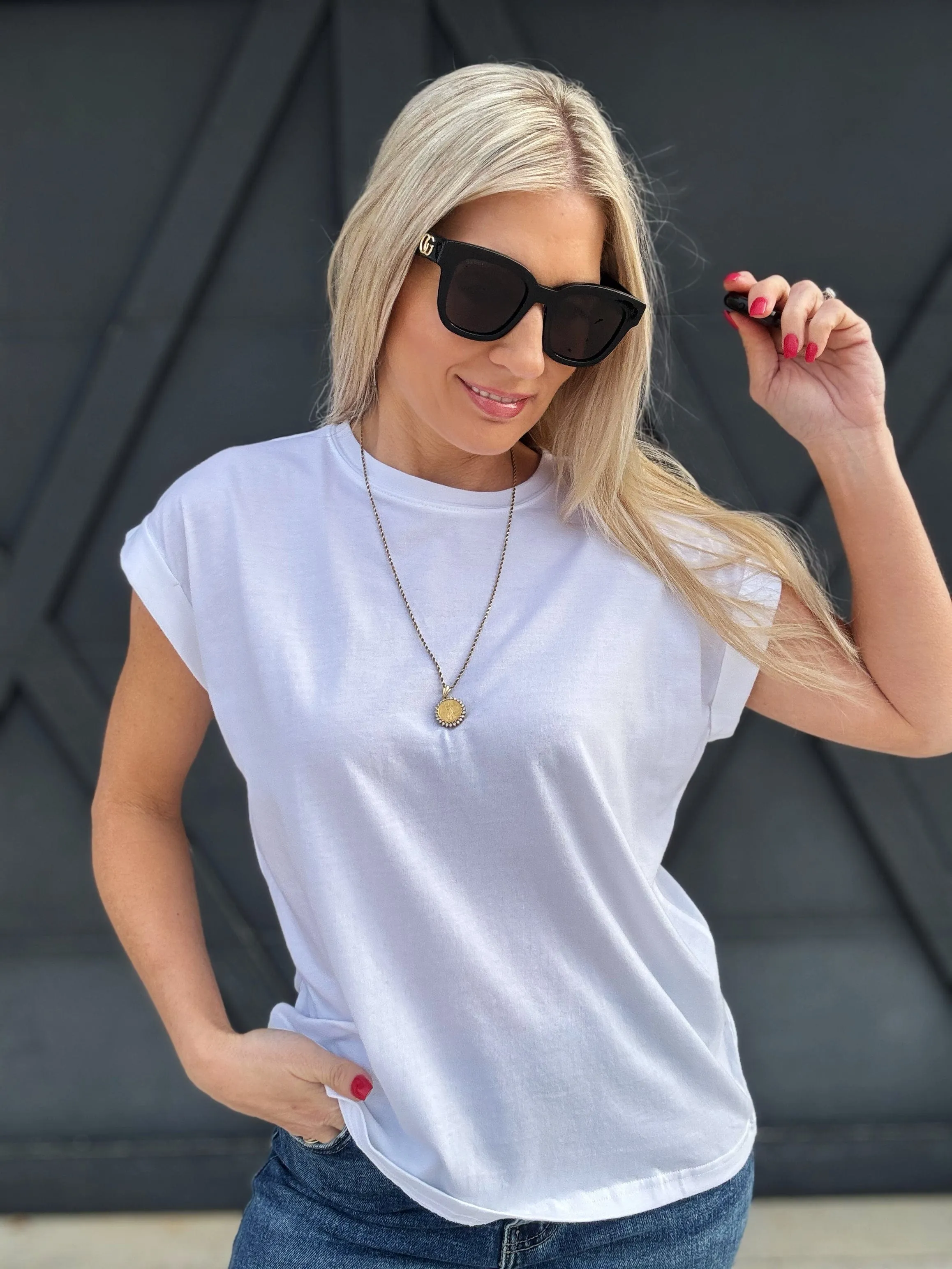 Basic Folded Short Sleeve Tee In White