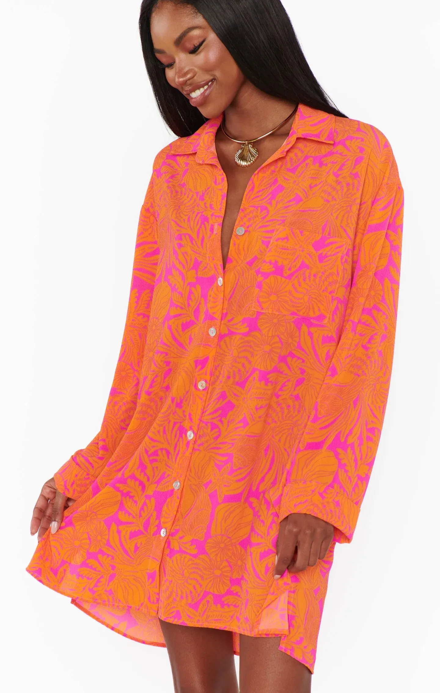 Beachclub Button Down Fuchsia Shells Pebble