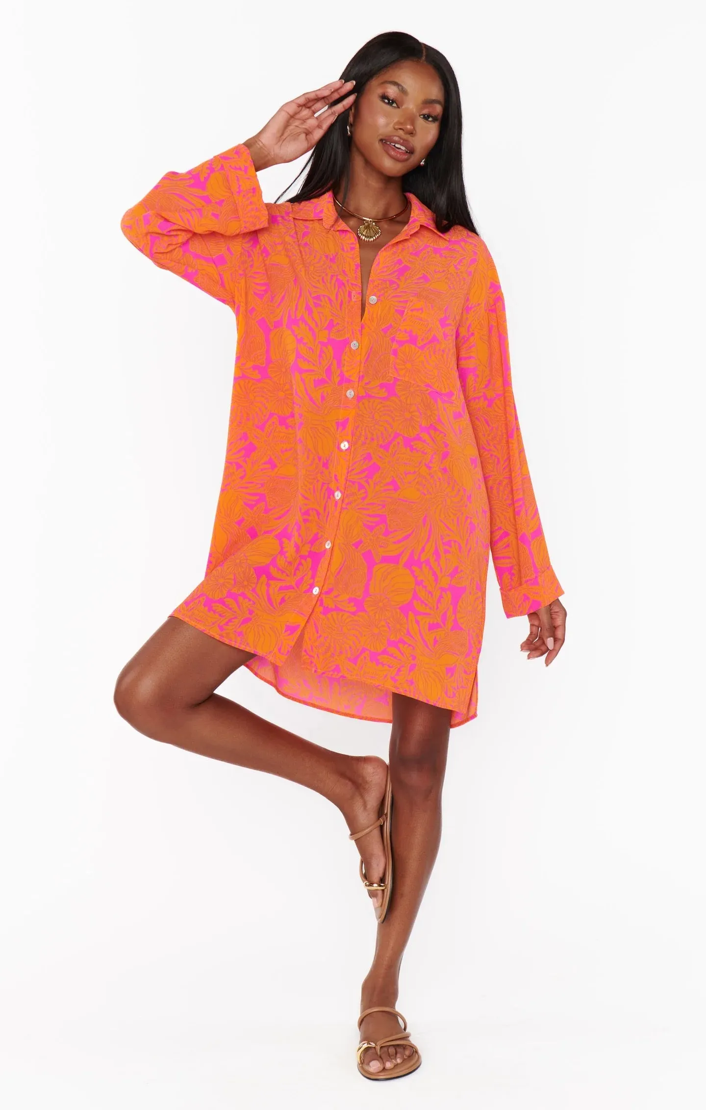 Beachclub Button Down Fuchsia Shells Pebble
