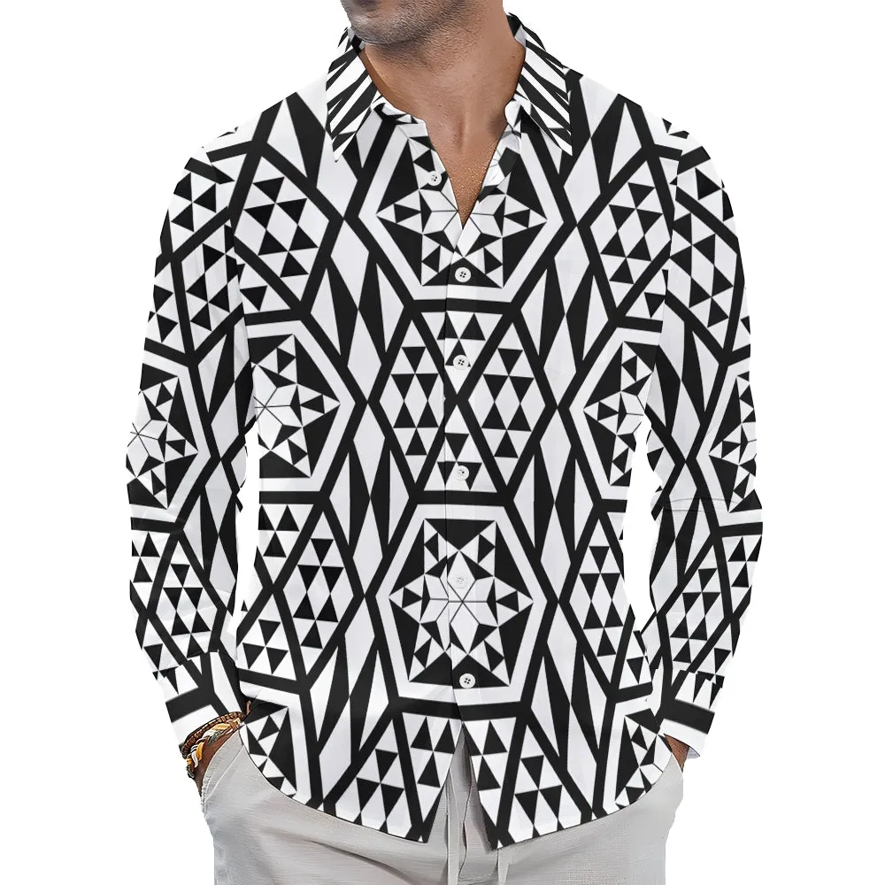 Black And White Geometric Print Long Sleeve Shirt 2410004523
