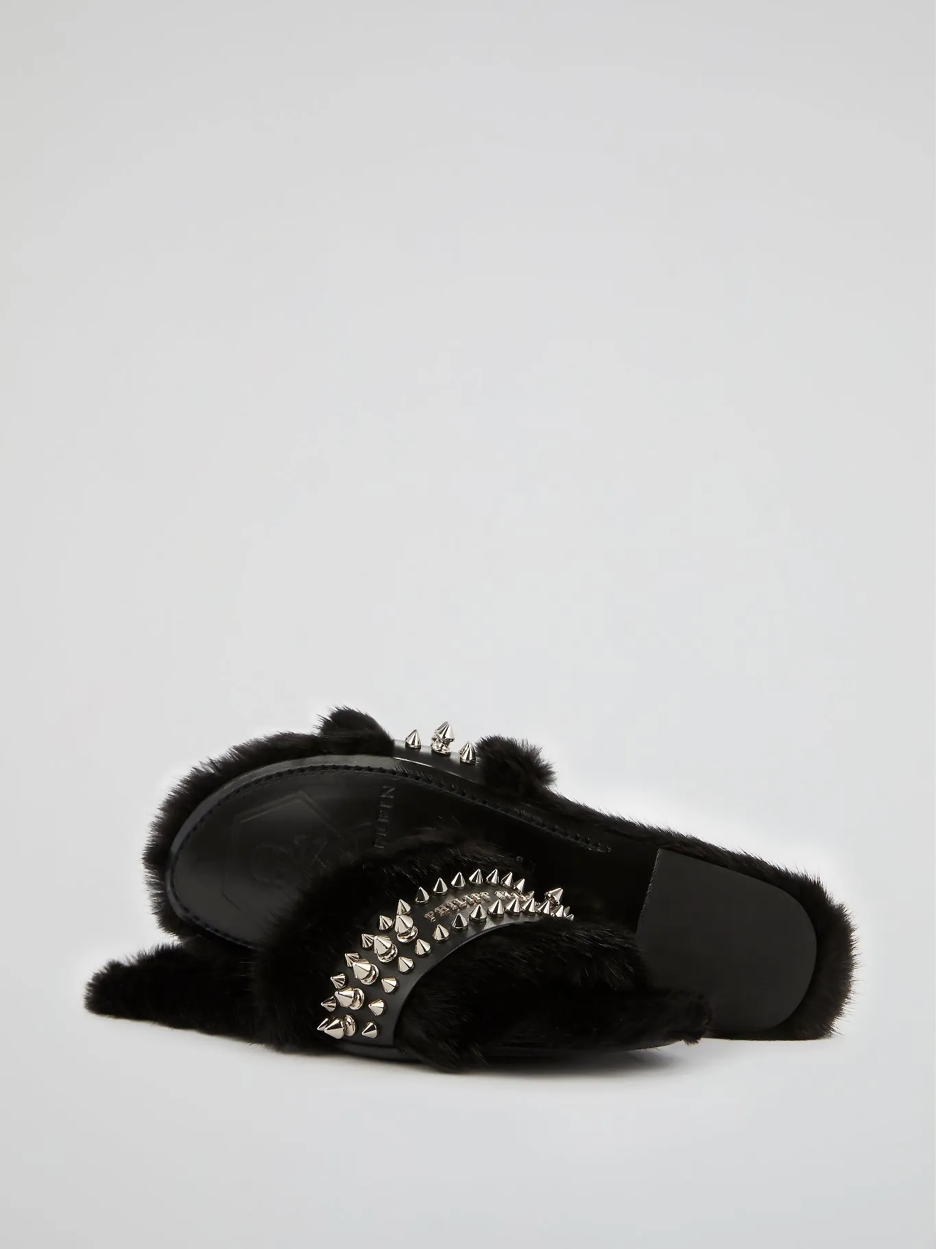 Black Spike Studded Fur Slippers
