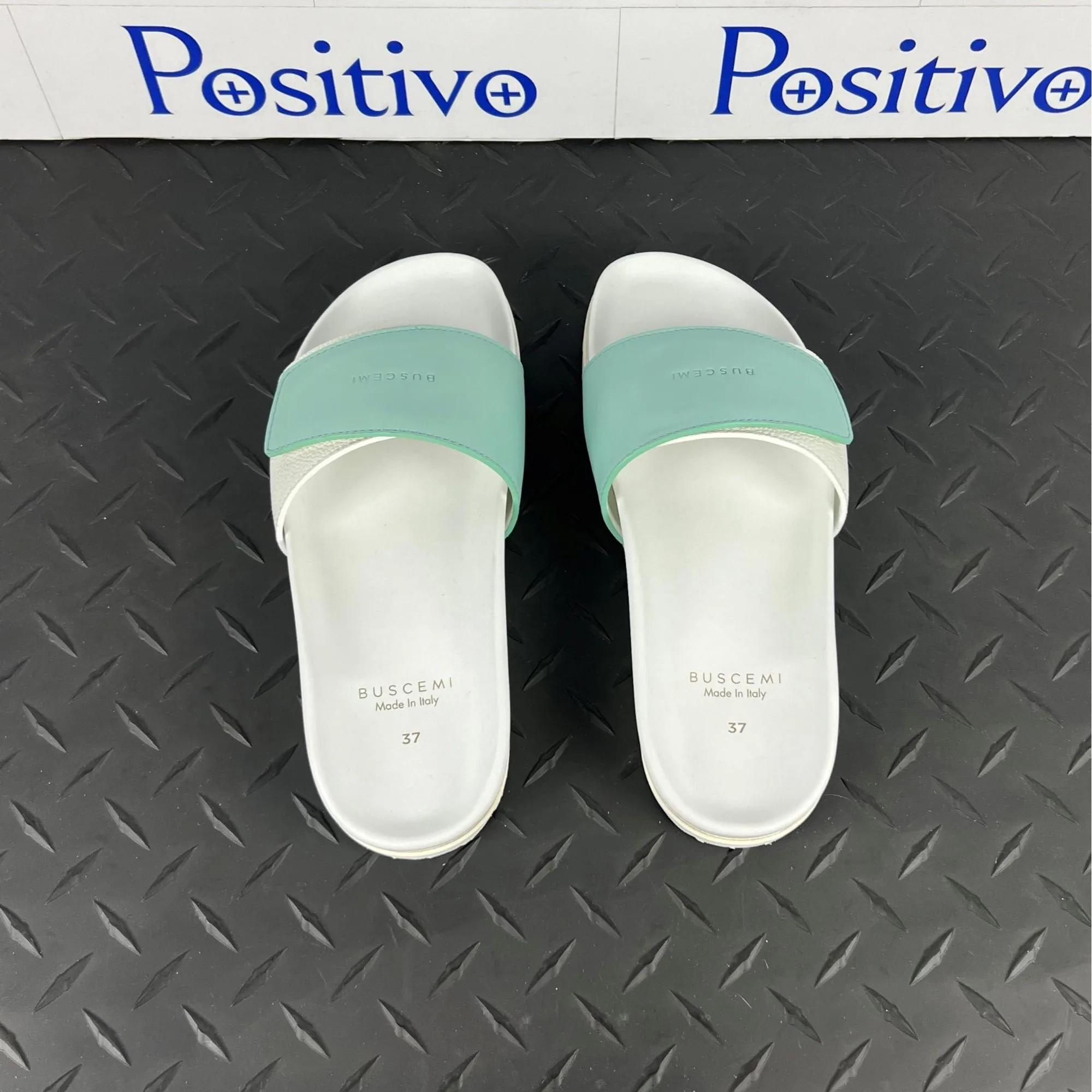 Buscemi Women's Slide Scratch White/Acqua Leather Sandals SAMPLE