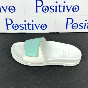 Buscemi Women's Slide Scratch White/Acqua Leather Sandals SAMPLE
