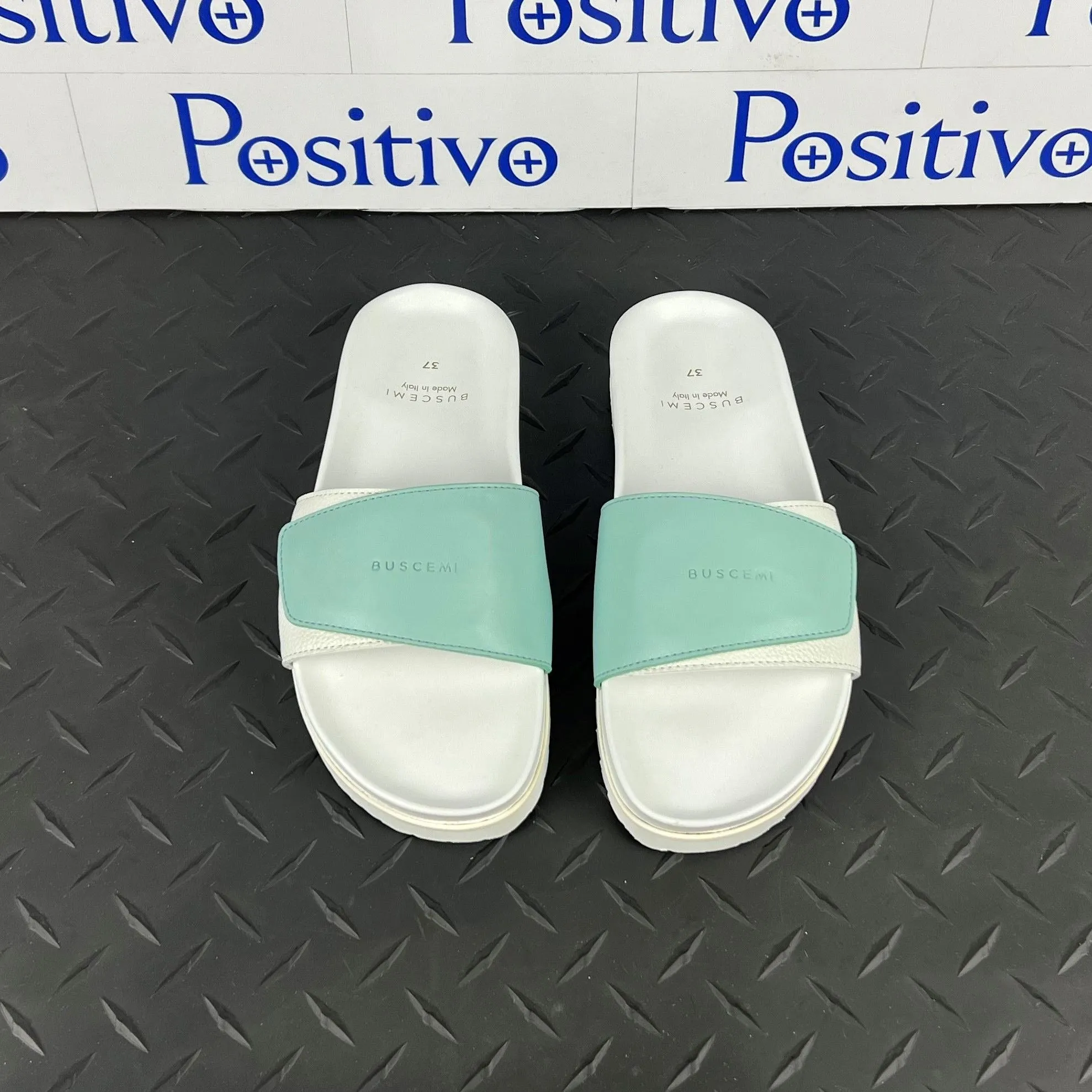 Buscemi Women's Slide Scratch White/Acqua Leather Sandals SAMPLE