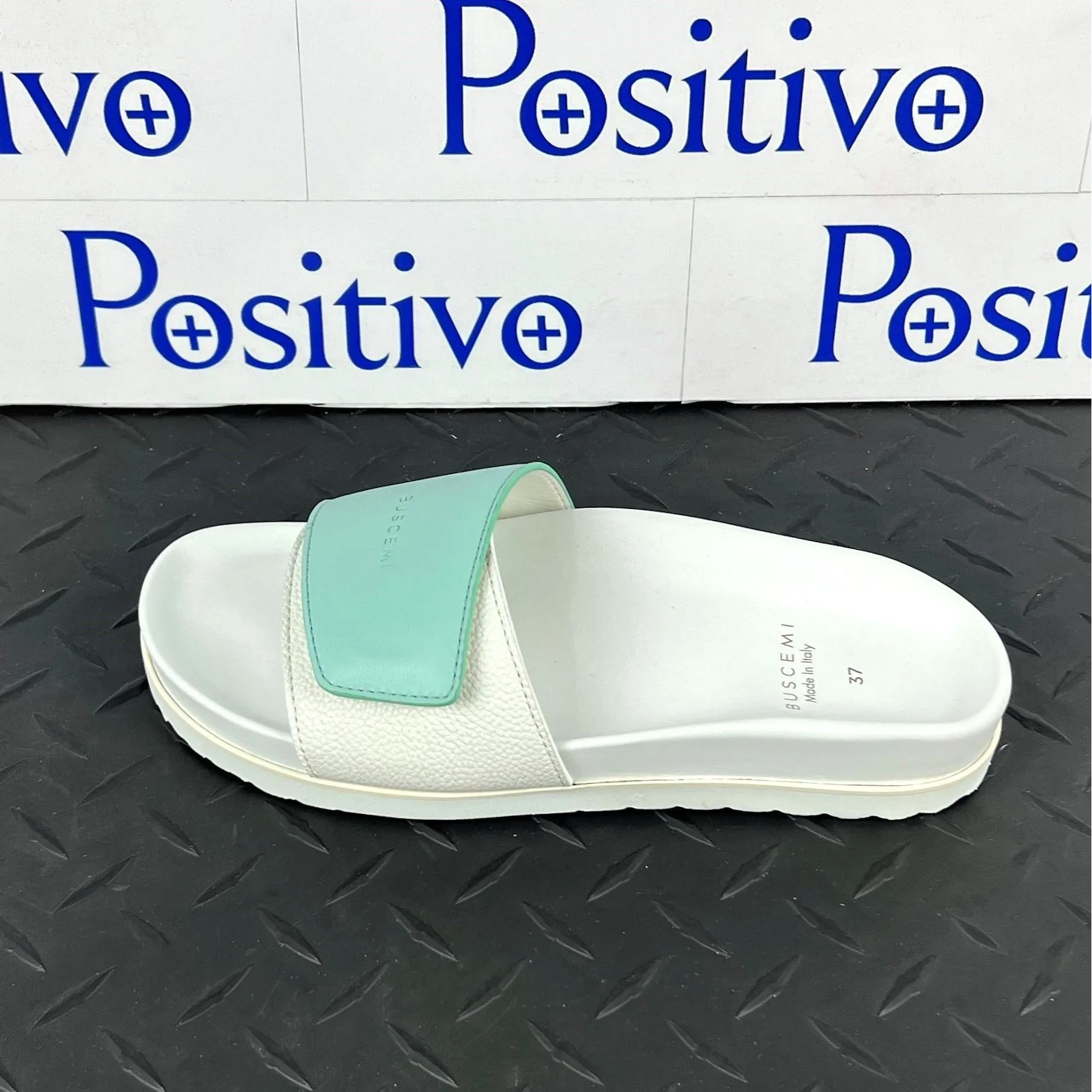 Buscemi Women's Slide Scratch White/Acqua Leather Sandals SAMPLE