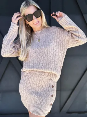 Cable Knit Sweater Skirt Set In Taupe