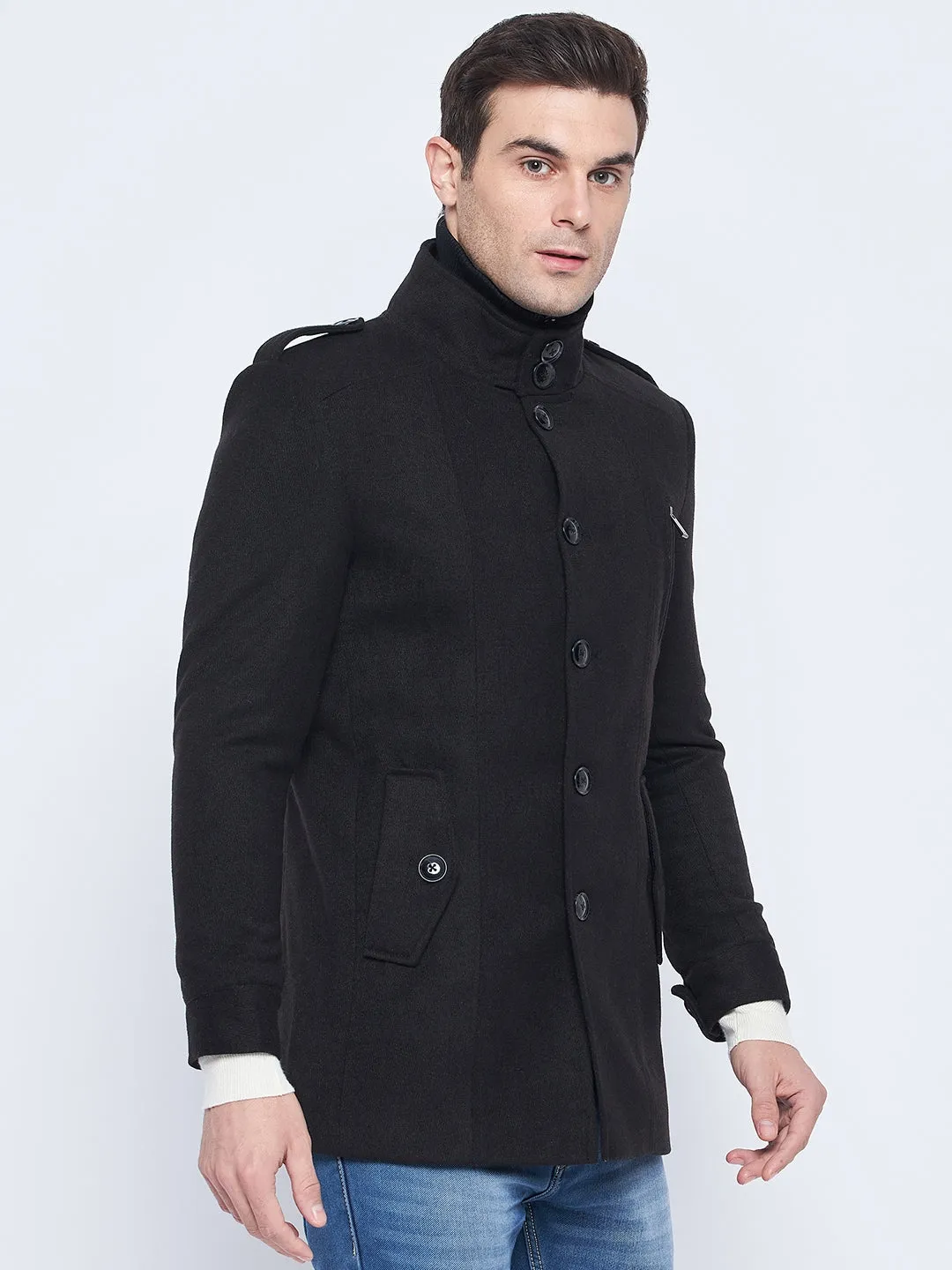 Camla Barcelona Men'S Stand Collar Black Long Coat