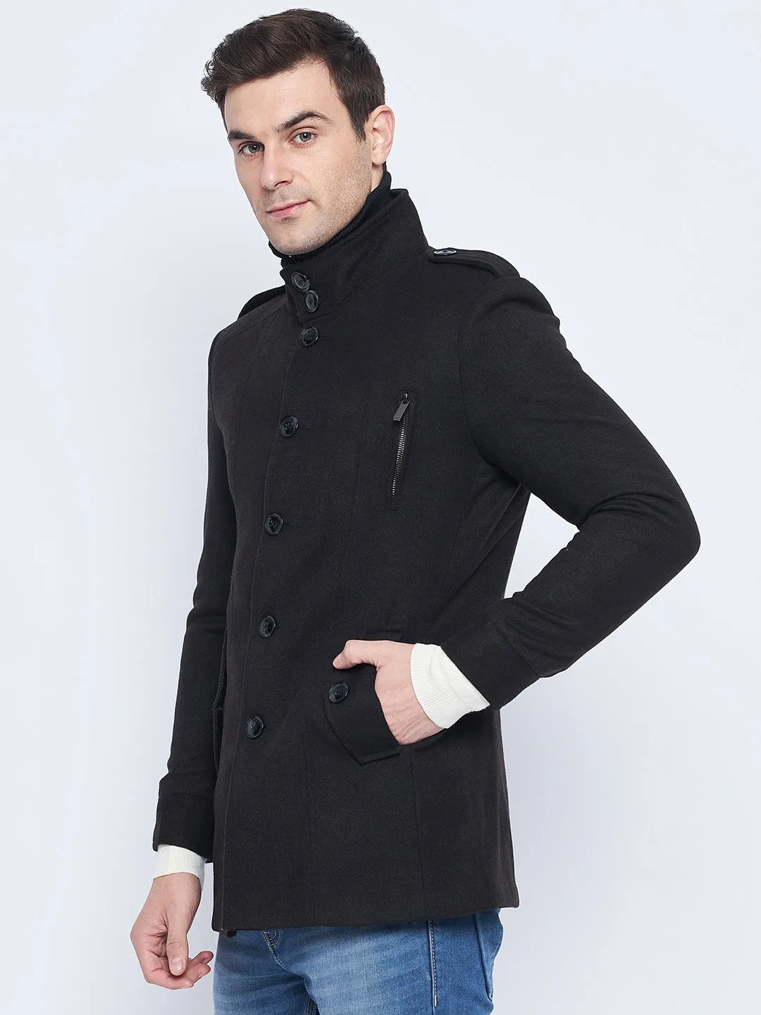 Camla Barcelona Men'S Stand Collar Black Long Coat