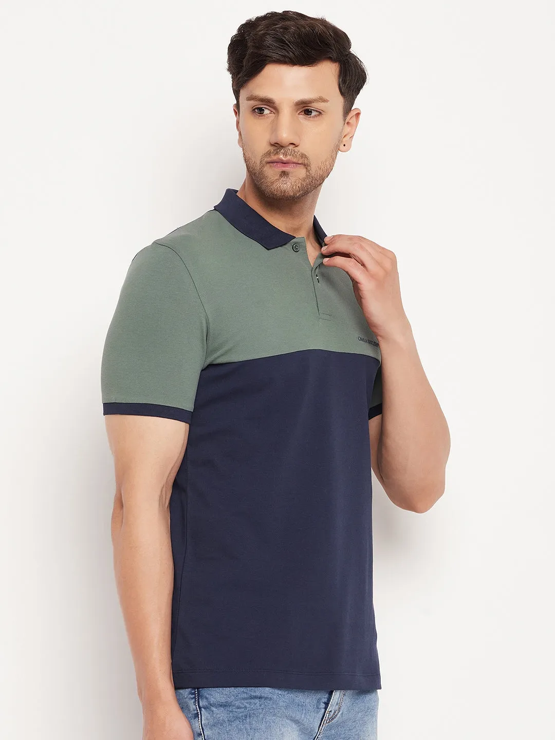 Camla Barcelona Navy Blue And Green Colourblocked Polo Neck T-Shirt