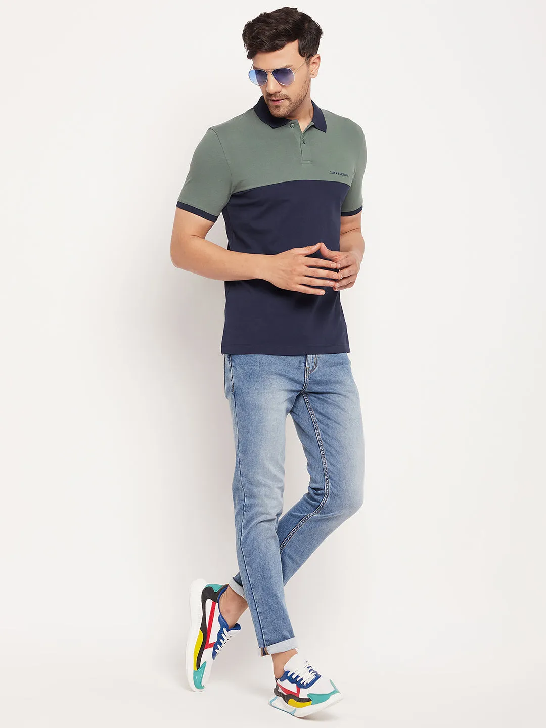 Camla Barcelona Navy Blue And Green Colourblocked Polo Neck T-Shirt