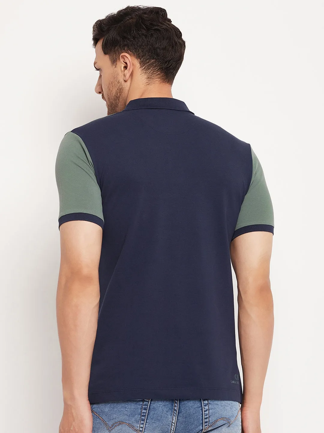 Camla Barcelona Navy Blue And Green Colourblocked Polo Neck T-Shirt