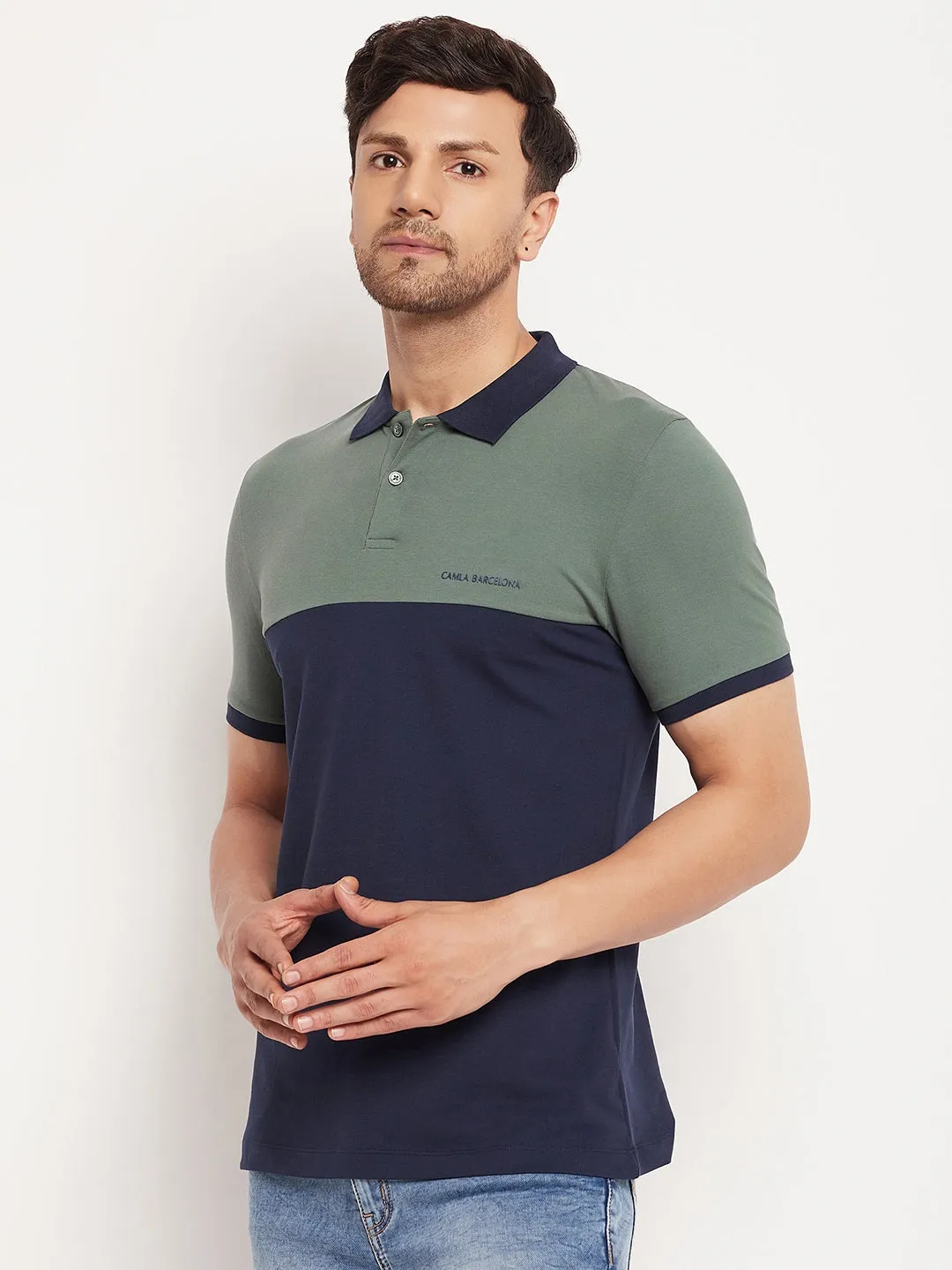 Camla Barcelona Navy Blue And Green Colourblocked Polo Neck T-Shirt