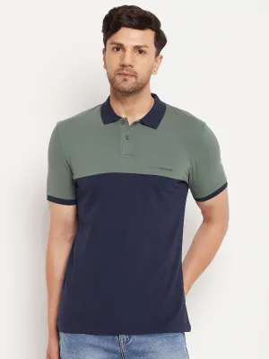 Camla Barcelona Navy Blue And Green Colourblocked Polo Neck T-Shirt