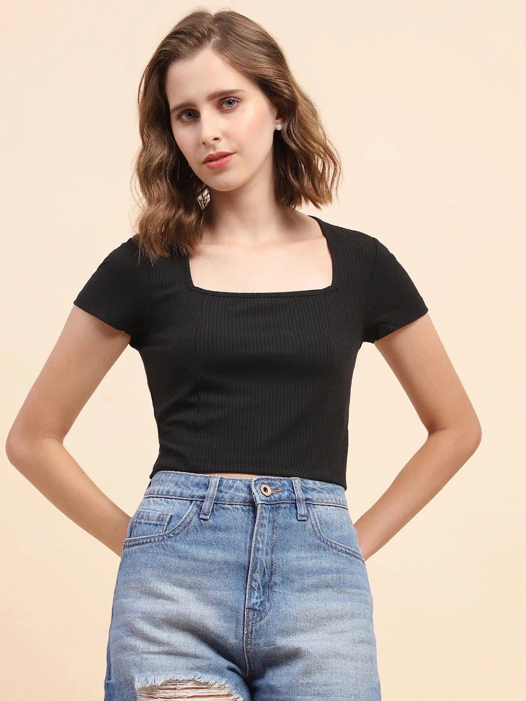 Camla Barcelona Square Neck Black Ribbed Top