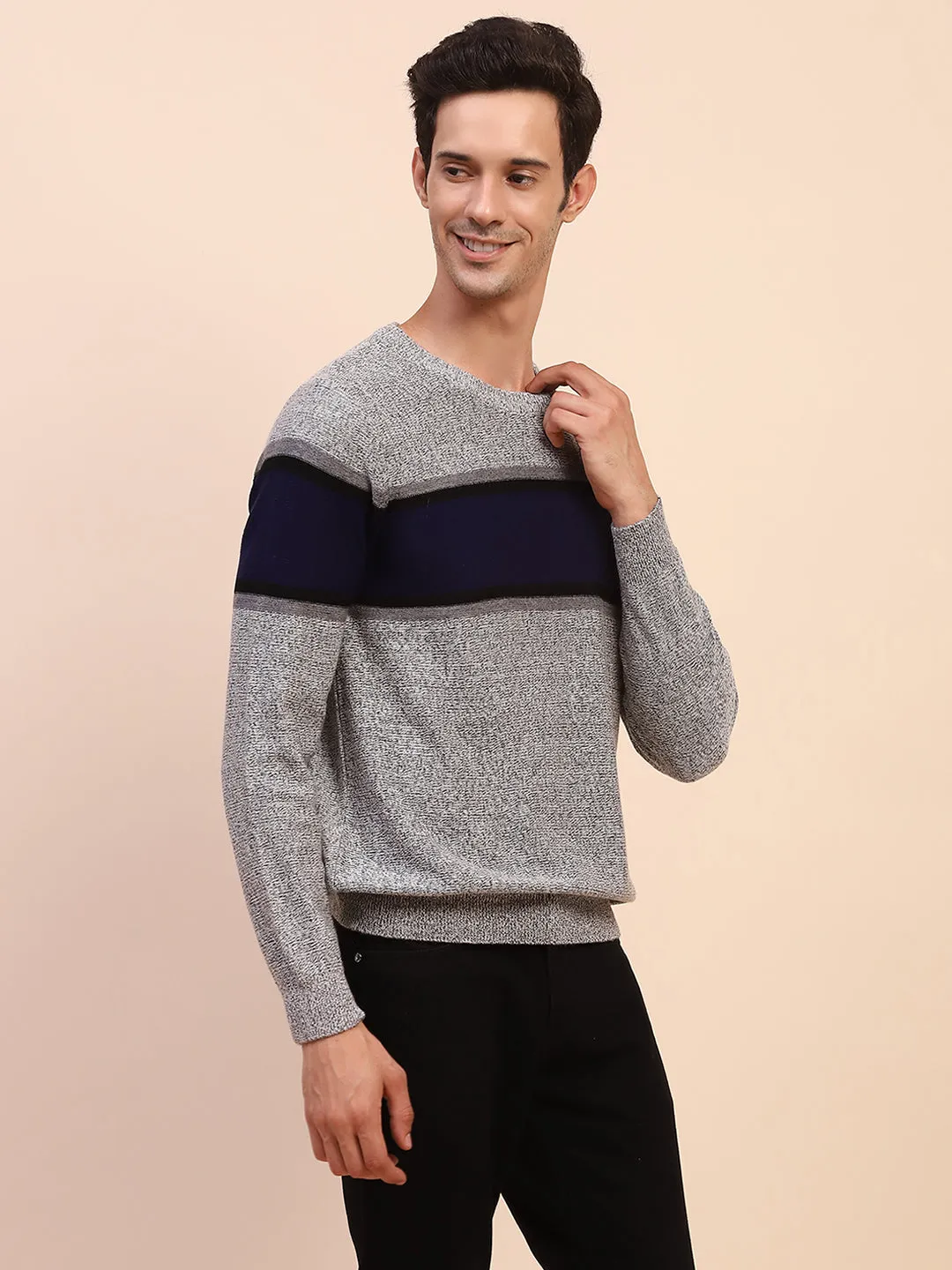 Camla Barcelona Striped Crew Neck Grey Sweater