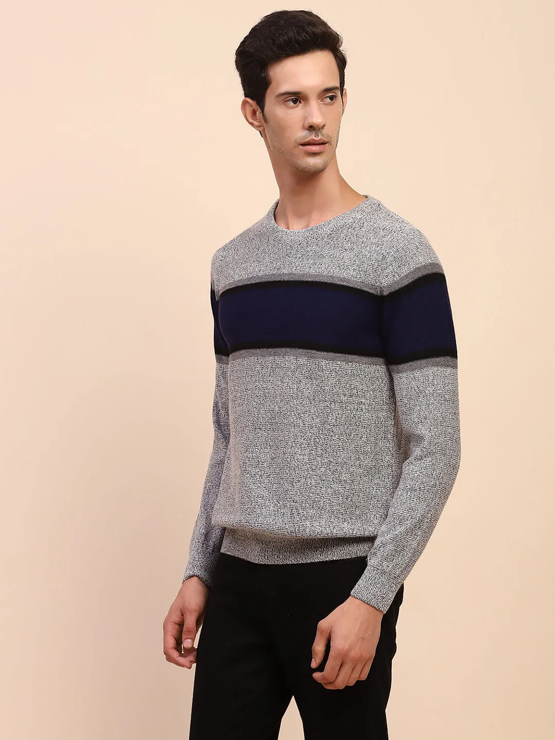 Camla Barcelona Striped Crew Neck Grey Sweater